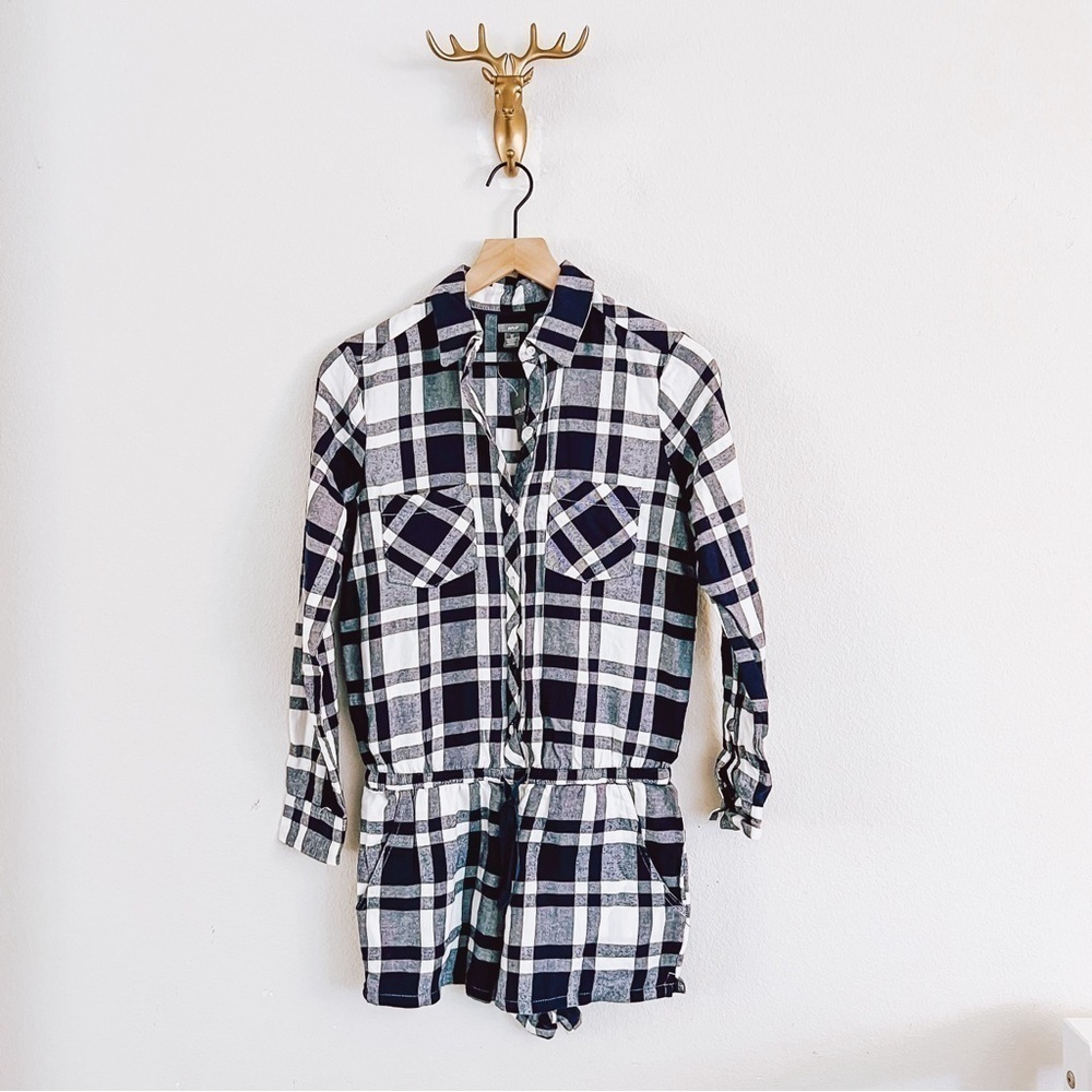 Aerie Women's Blue/White Plaid Button Front Long Sleeve Romper Size Small NWT